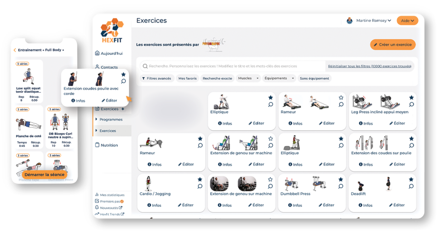 Captures d'écran du logiciel kinés hors nomenclature, Hexfit, et de l’application mobile dédiée aux patients des professionnels. Il s’agit du créateur de programmes et de la banque de plus de 13000 exercices vidéos personnalisables. Un exercice est glissé vers l’appli où le patient peut réaliser son programme indépendamment à l’aide de la lecture automatique.