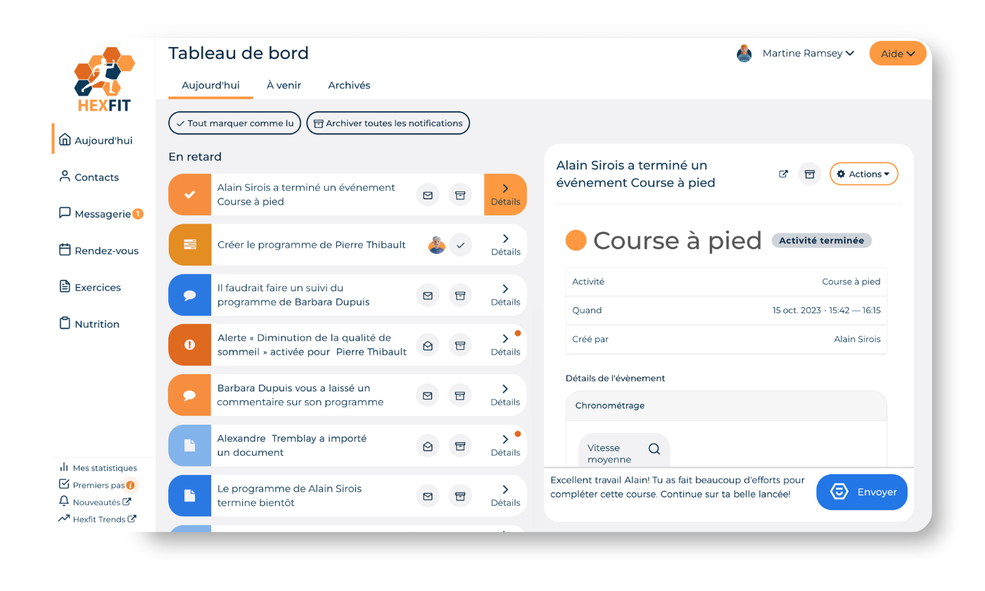 Capture d'écran du logiciel kinés hors nomenclature, Hexfit. Il s’agit du tableau de bord «aujourd’hui» qui contient: les tâches à venir du professionnel, les résumés d’activités des patients, les rappels, les alertes, les commentaires, etc. Bref, toute la charge mentale du professionnel condensée dans un logiciel.