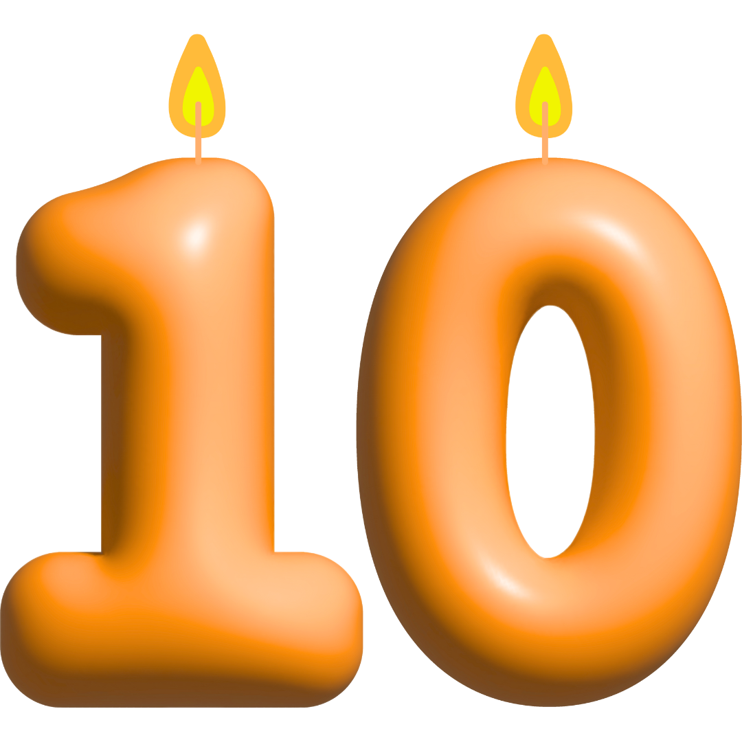 Icône 10 avec bougies représentant plus de 10 ans d'Hexfit dans le domaine des logiciels pour professionnels de l'activité physique.